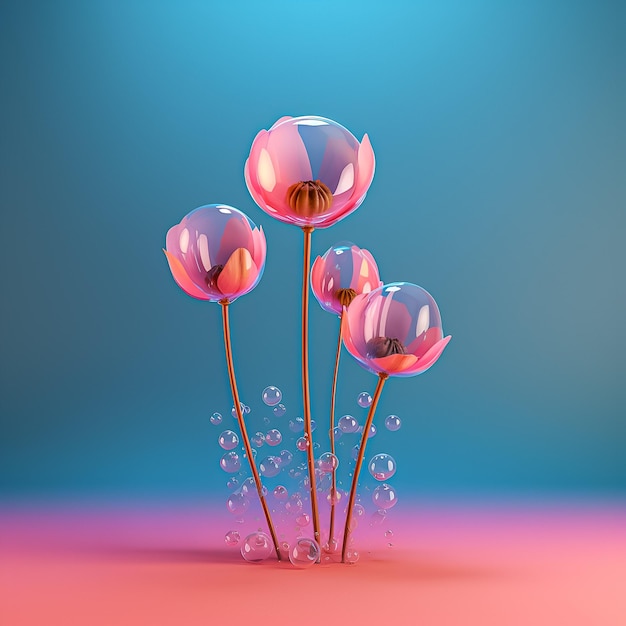 A pink flower is in a bunch of bubbles.
