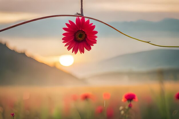 Foto un fiore rosa è in un campo con il sole che tramonta dietro di lui