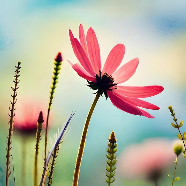 Foto un fiore rosa è in primo piano su un campo erboso e il sole splende.