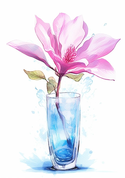 A pink flower is in a glass of water.