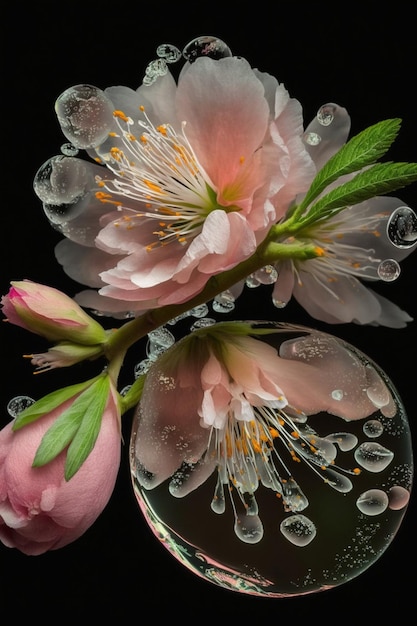 A pink flower is next to a glass with water droplets on it.