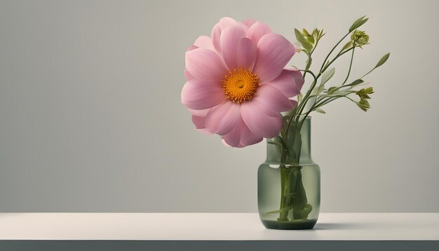 Photo a pink flower is in a green vase with a yellow center