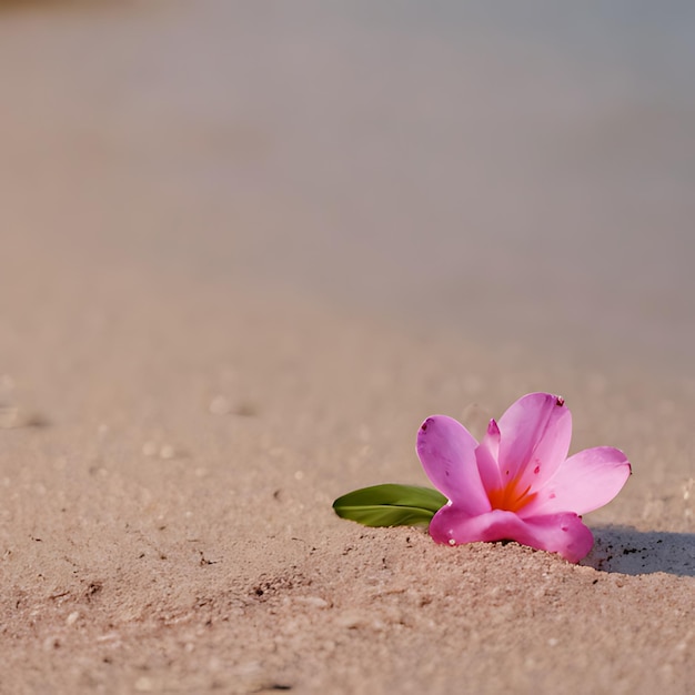 Photo a pink flower is laying on the sand with a pink flower in the sand