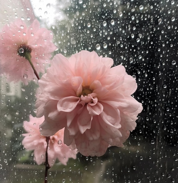 A pink flower is in the rain