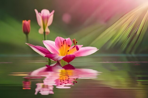 A pink flower is reflected in the water with the sun behind it.