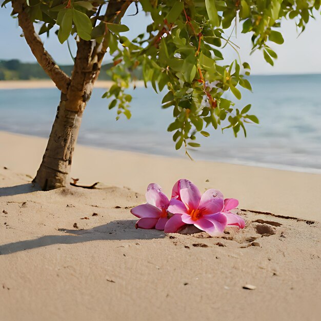 a pink flower is on the sand near a tree