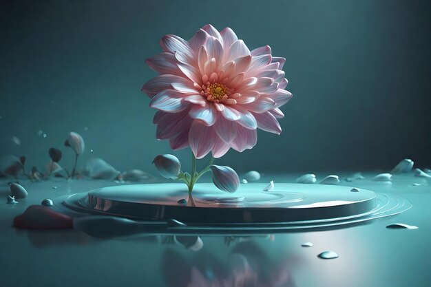 A pink flower is in a water droplet