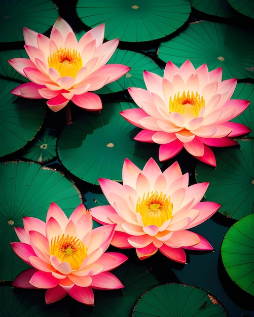 A pink flower is in the water with green leaves.