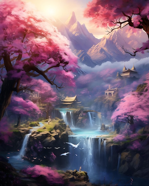 Pink Flower Landscape with Waterfall