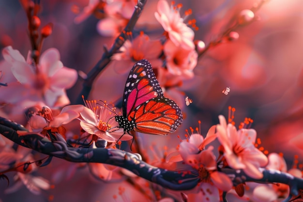 Pink flower of an Oriental cherry in and butterfly