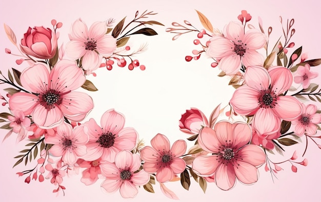 Pink Flower Oval Wreath Watercolor Generative Ai