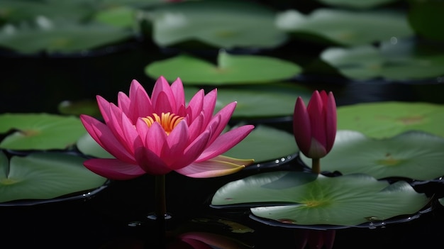 A pink flower in a pond with green leaves