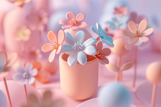 a pink flower pot with blue flowers in the middle3d floral craft wallpaper Concept illustration of