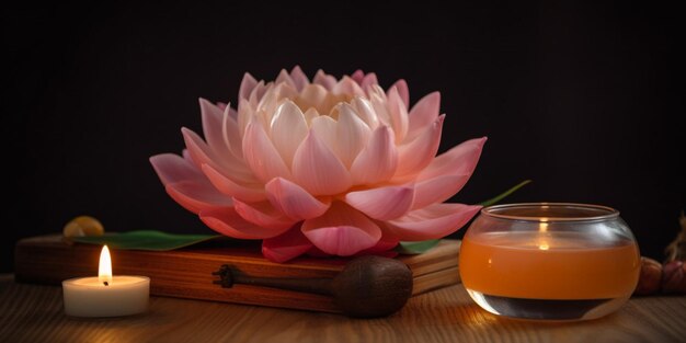 A pink flower sits next to a glass of liquid with a wooden bowl on the right.