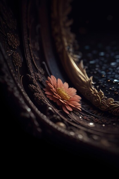 A pink flower sits on a gold frame in the dark