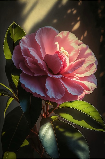 Pink flower sitting on top of a green leaf generative ai