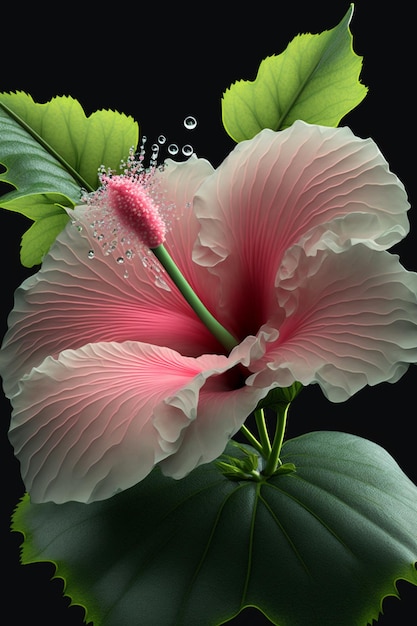 Pink flower sitting on top of a green leaf generative ai