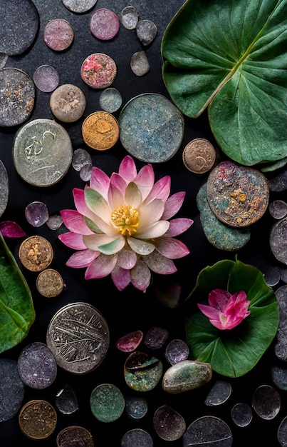 コインの山の上に座っているピンクの花生成ai