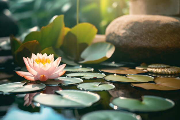 a pink flower sitting on top of a rock in a pond