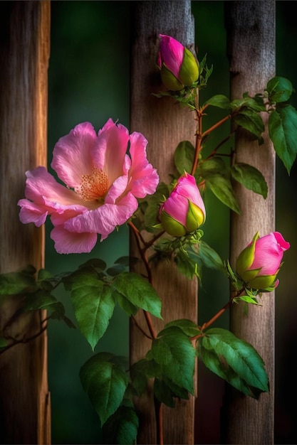 Pink flower sitting on top of a wooden fence generative ai