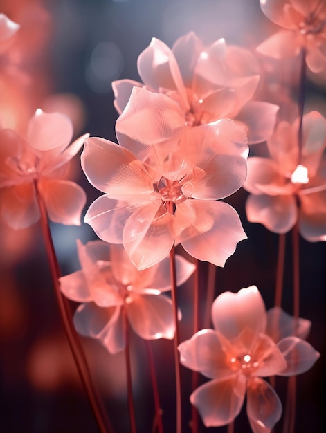 A pink flower that is lit up with a red light.