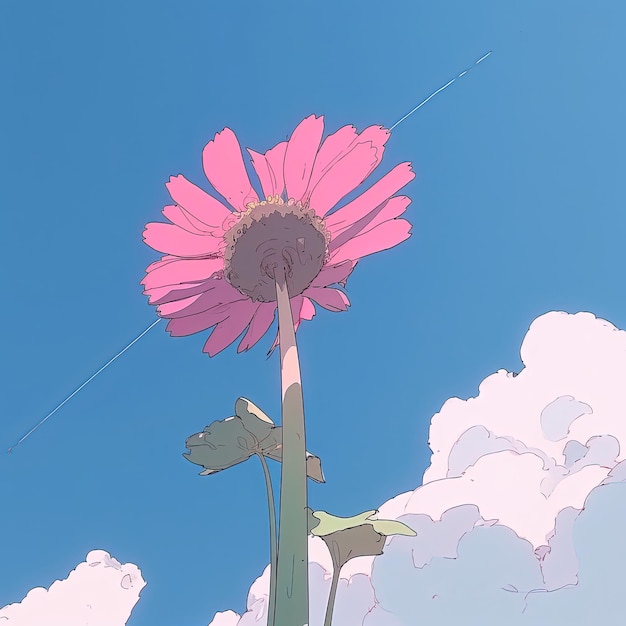 a pink flower that is in the middle of a field