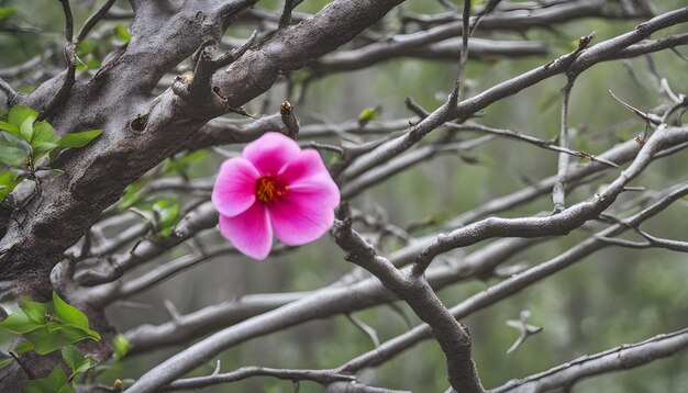 Photo a pink flower on a tree branch with the background of the photo
