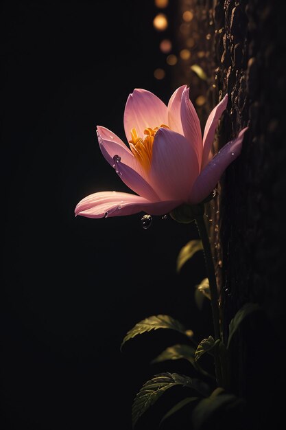 A pink flower on a tree trunk in the dark