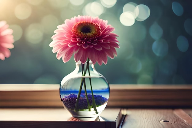 a pink flower in a vase with water and a sky background