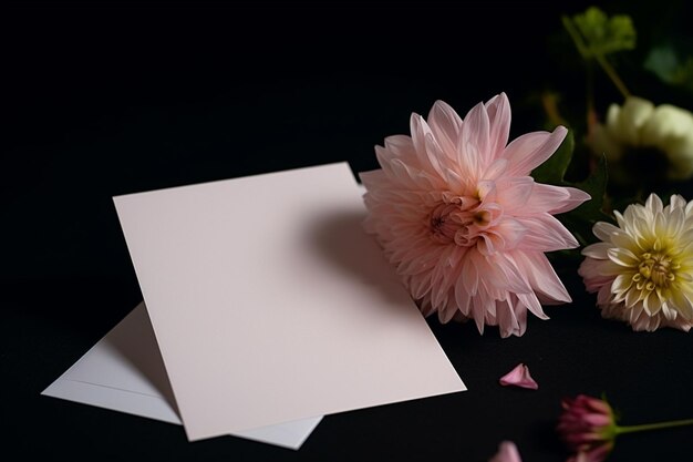 A pink flower next to a white card with a card on it