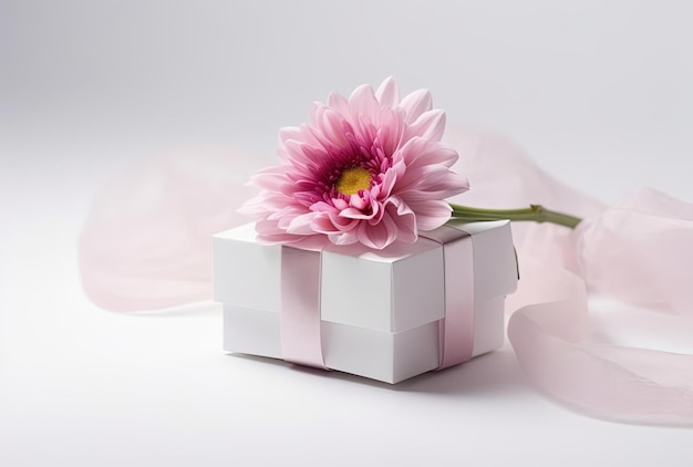 pink flower in a white gift wrap on white background