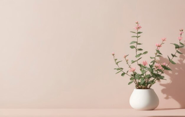 A pink flower in a white vase on a pink background