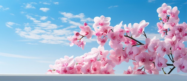 Pink flower on a window with blue sky