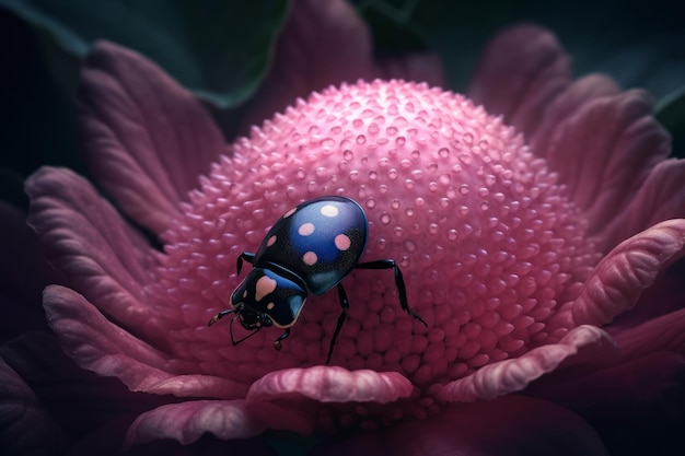 A pink flower with a blue spotted bug on it.