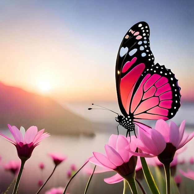 A pink flower with a butterfly on it is in front of a sunset