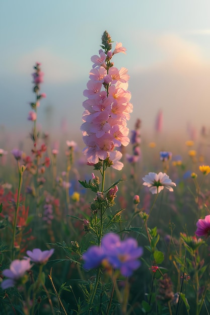 A pink flower with colorful flowers in the foreground