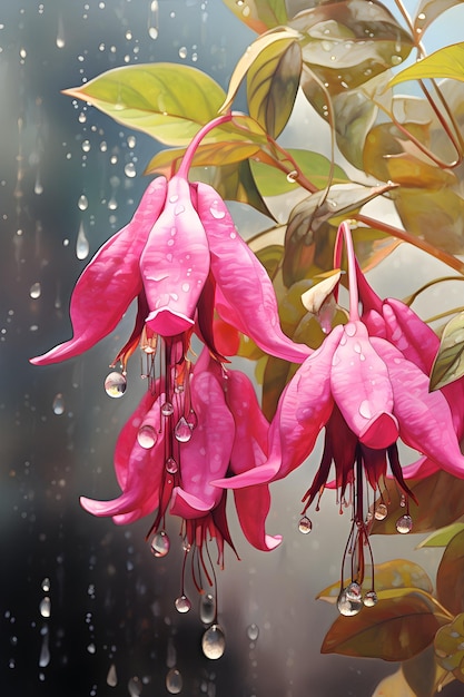水滴が垂れ下がったピンクの花 フクシア色の花の水彩画