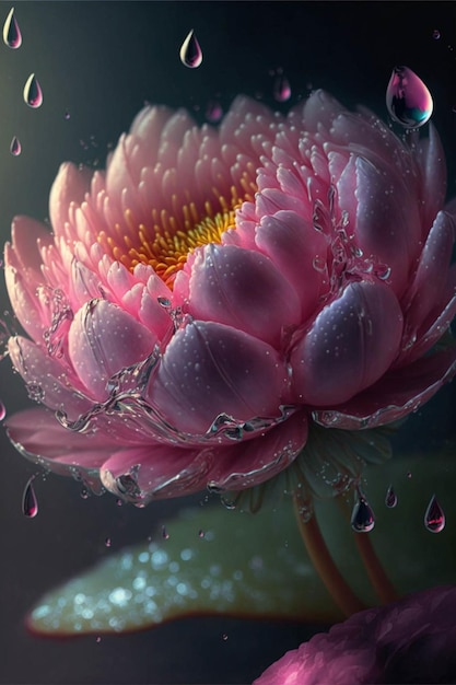 Pink flower with drops of water on it generative ai