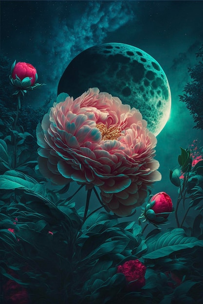 Pink flower with a full moon in the background generative ai