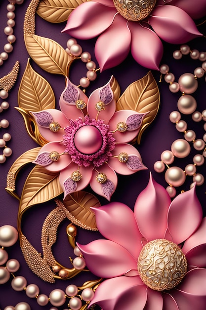 A pink flower with gold beads and pearls