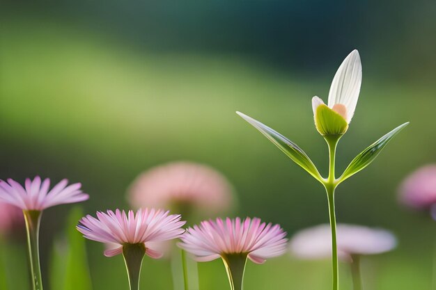 A pink flower with a green leaf and a green background