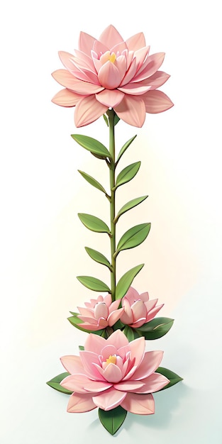 Photo a pink flower with green leaves on a white background