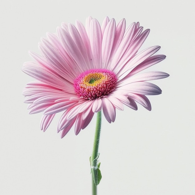 A pink flower with a green stem and a yellow center.