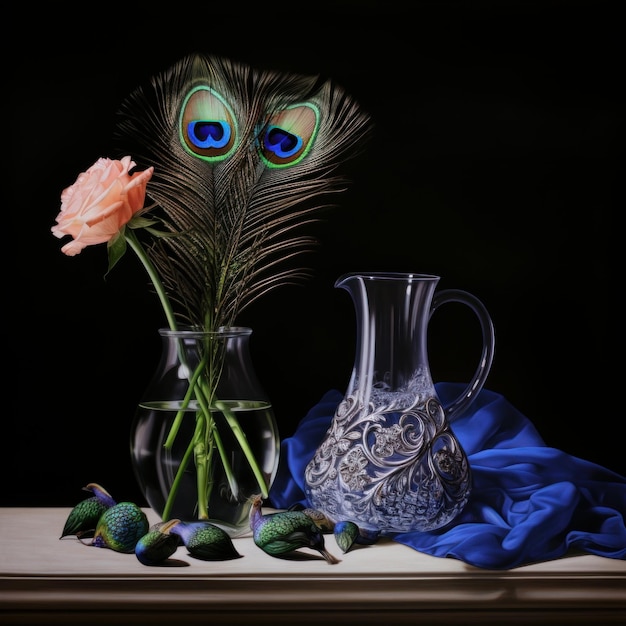 a pink flower with peacock feather in the transparent vase on black background generative AI