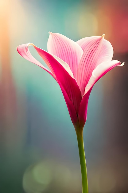 A pink flower with a pink center and a green stem.