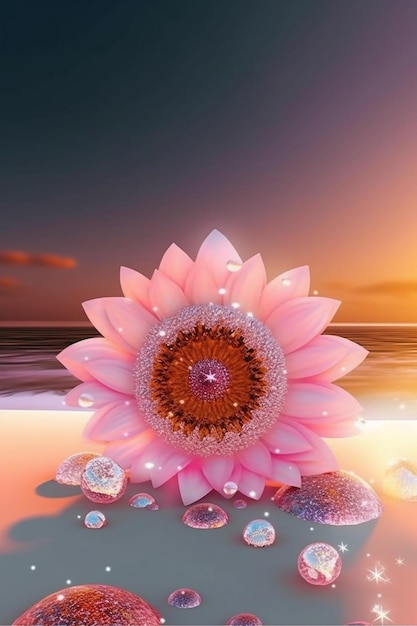 A pink flower with a pink center is on the beach.