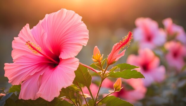 a pink flower with the sun behind it