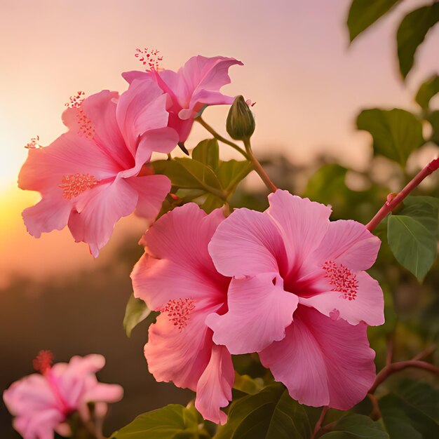 Photo a pink flower with the sun setting behind it