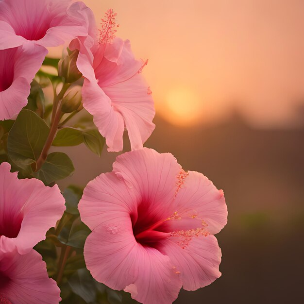 a pink flower with the sun setting behind it