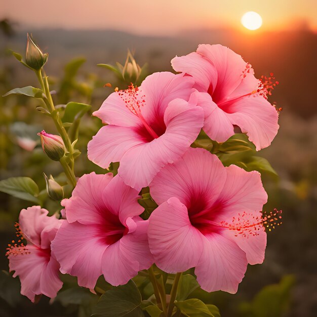 a pink flower with the sun setting behind it